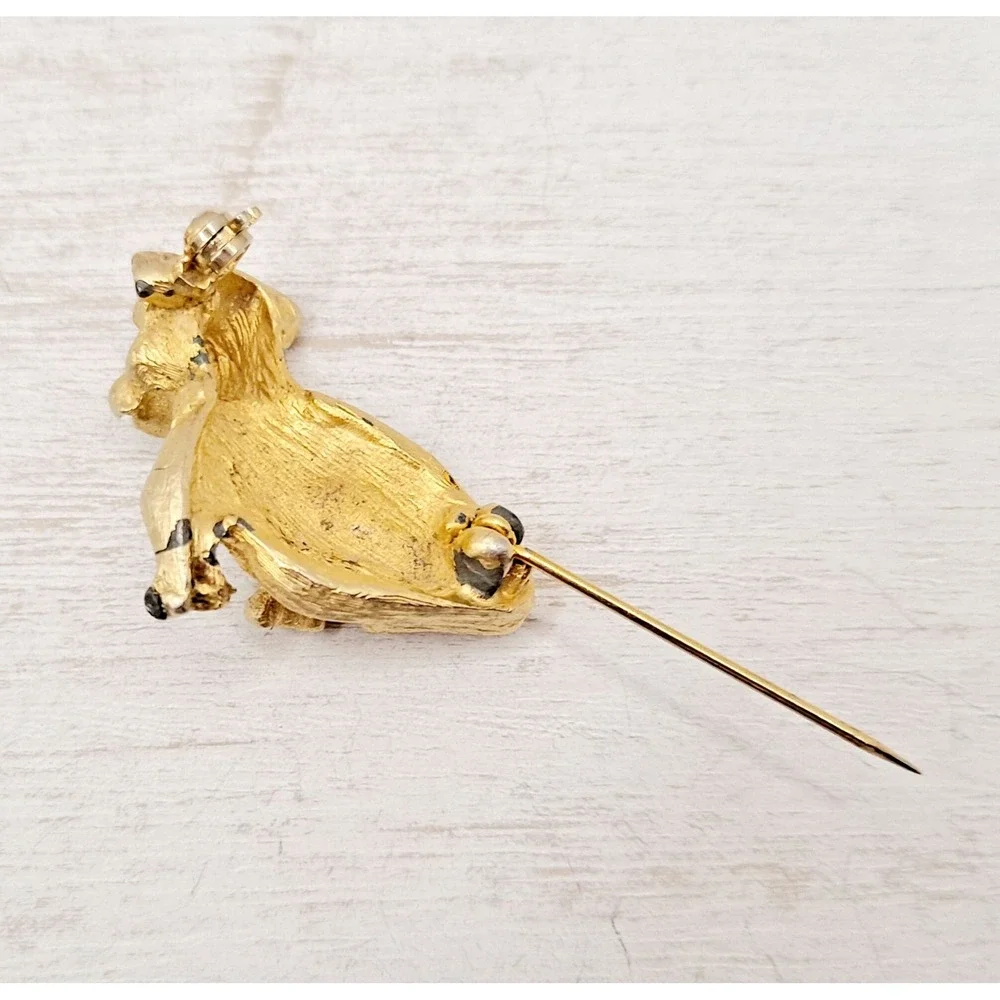 Vintage Goldtone English Bulldog Brooch – Blue Enamel Sweater, Rhinestone Eyes
